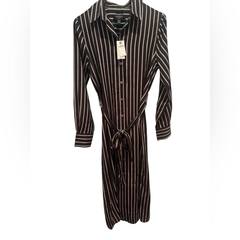 Banana Republic Black Dress with Cream Pinstripes, Button-Front Tie-Waist